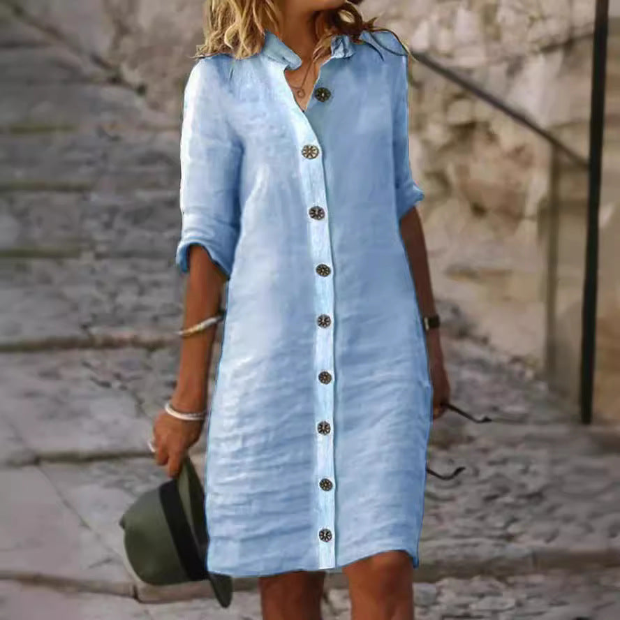 Shirt Collar Half Sleeve Large Round Buckle Cotton And Linen Dress