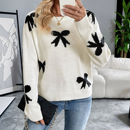 Round Neck Bowknot Jacquard Autumn And Winter Sweater Women