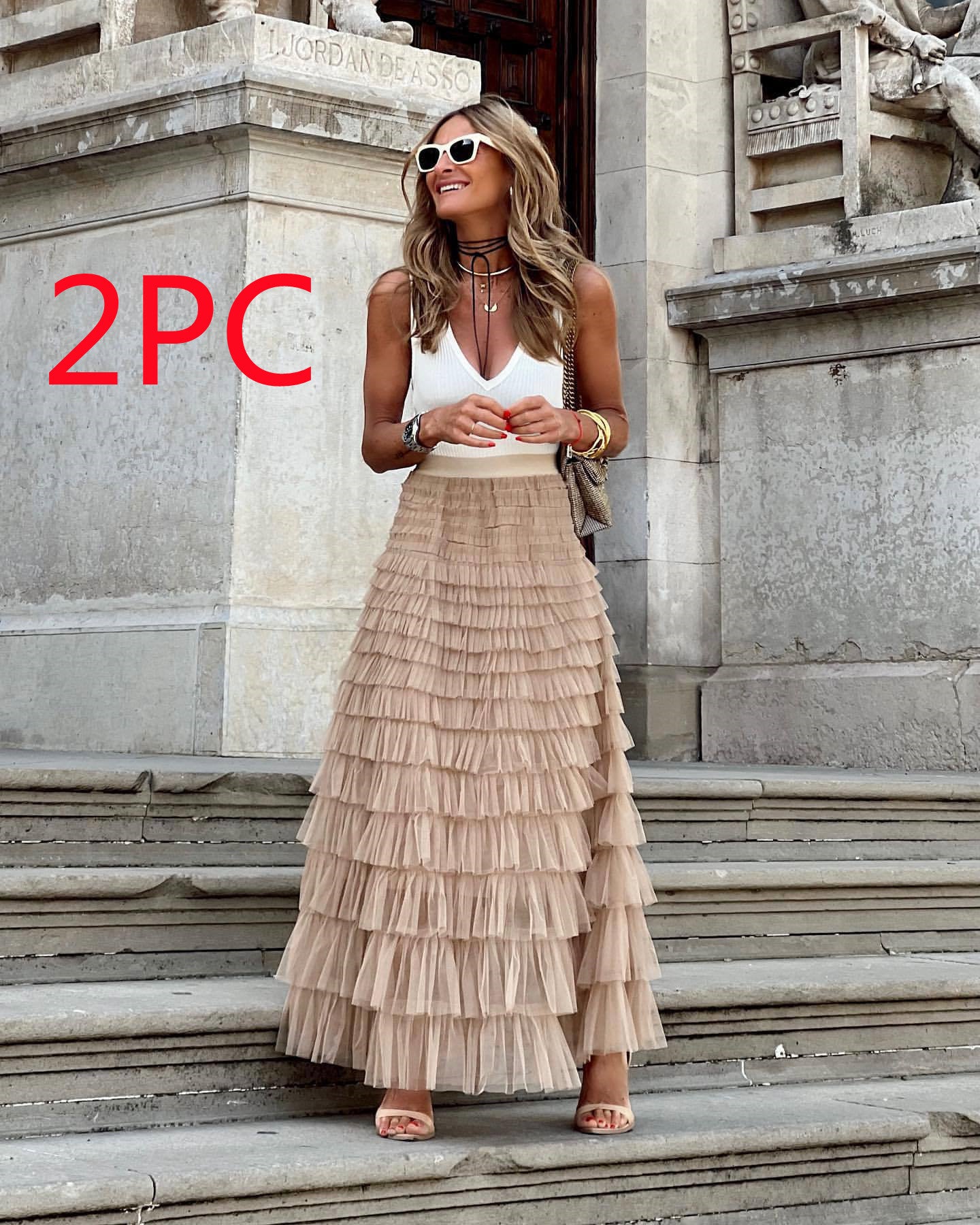 Layered Ruffles Cake Skirt Summer Fashion A Line Swing Mesh Long Skirt Party Dress Women