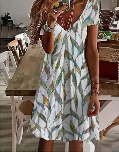 Women'S Casual Resort V-Neck Leaf Print Short-Sleeved Dress