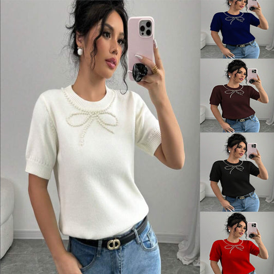 Short Sleeve Bow Rhinestone Slim Top