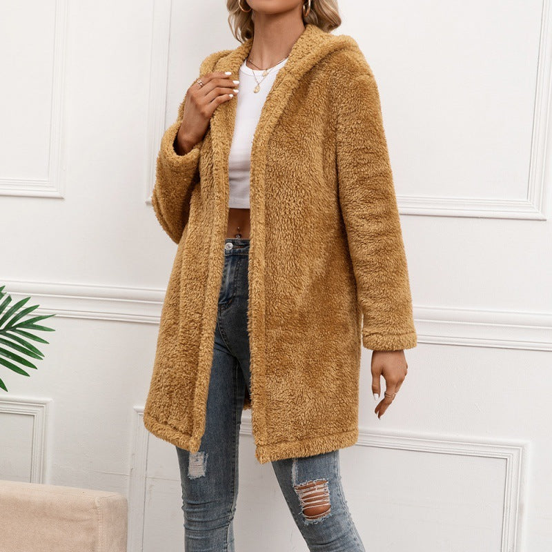 Cardigan mi-long en laine d'agneau avec capuche et trench-coat