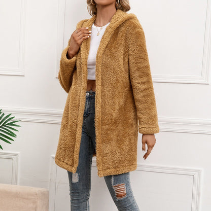 Cardigan mi-long en laine d'agneau avec capuche et trench-coat