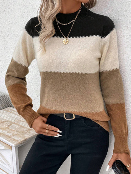 Contrast Color Pullover Round Neck Long Sleeves Knitwear Casual Sweater