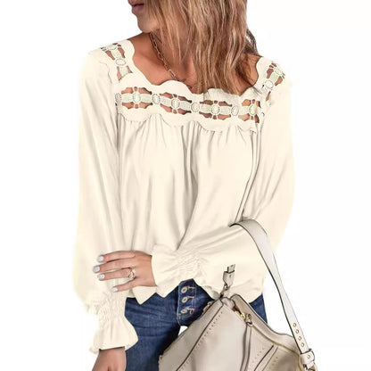 Loose Pullover Shirt Hollow Out Lace-collared Blouse Women