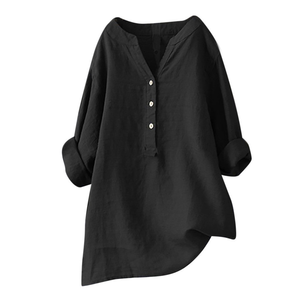 Loose Solid Color Stand Collar Button Long Sleeve Cotton And Linen Top