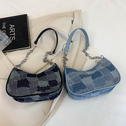 Denim Shoulder Bag Simple Plaid Patchwork Underarm Bag Women