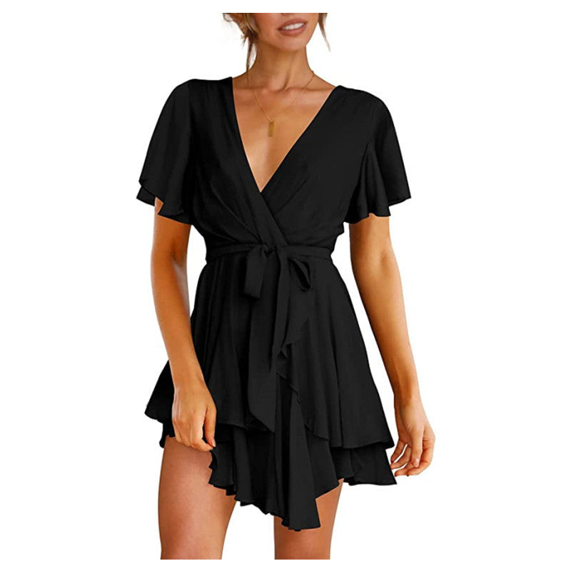 V-Neck Short Sleeve Mini Flowy Dress