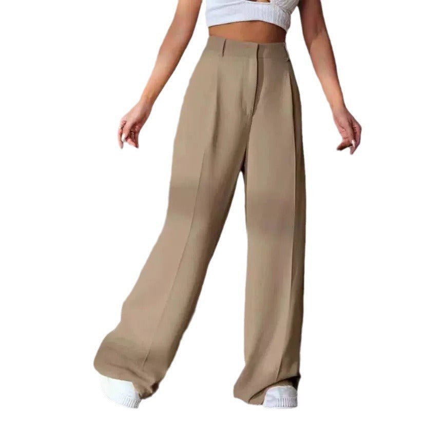 Pantalon ample taille haute amincissant à jambes larges et coupe droite