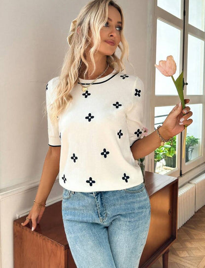 Flower Sweater With Short Sleeves Contrast Color Round Neck