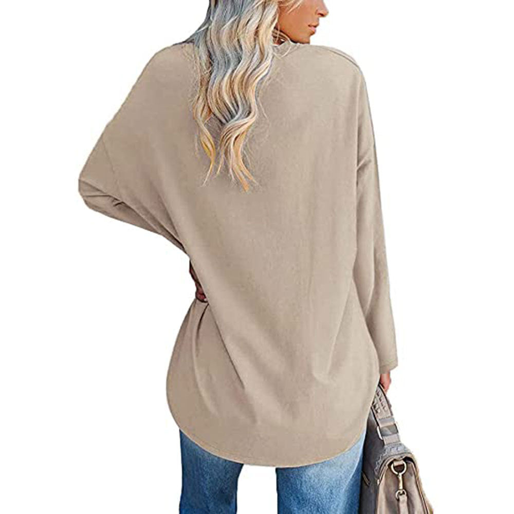 Solid Color Loose Drop Shoulder Sleeve V Neck Long Sleeve Blouse