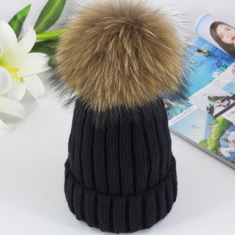 New Autumn And Winter Knitted Hat Female Korean Raccoon Hair Ball Woolen Cap