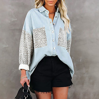 Long Sleeve Pocket Leopard Print Lapel Cardigan Top