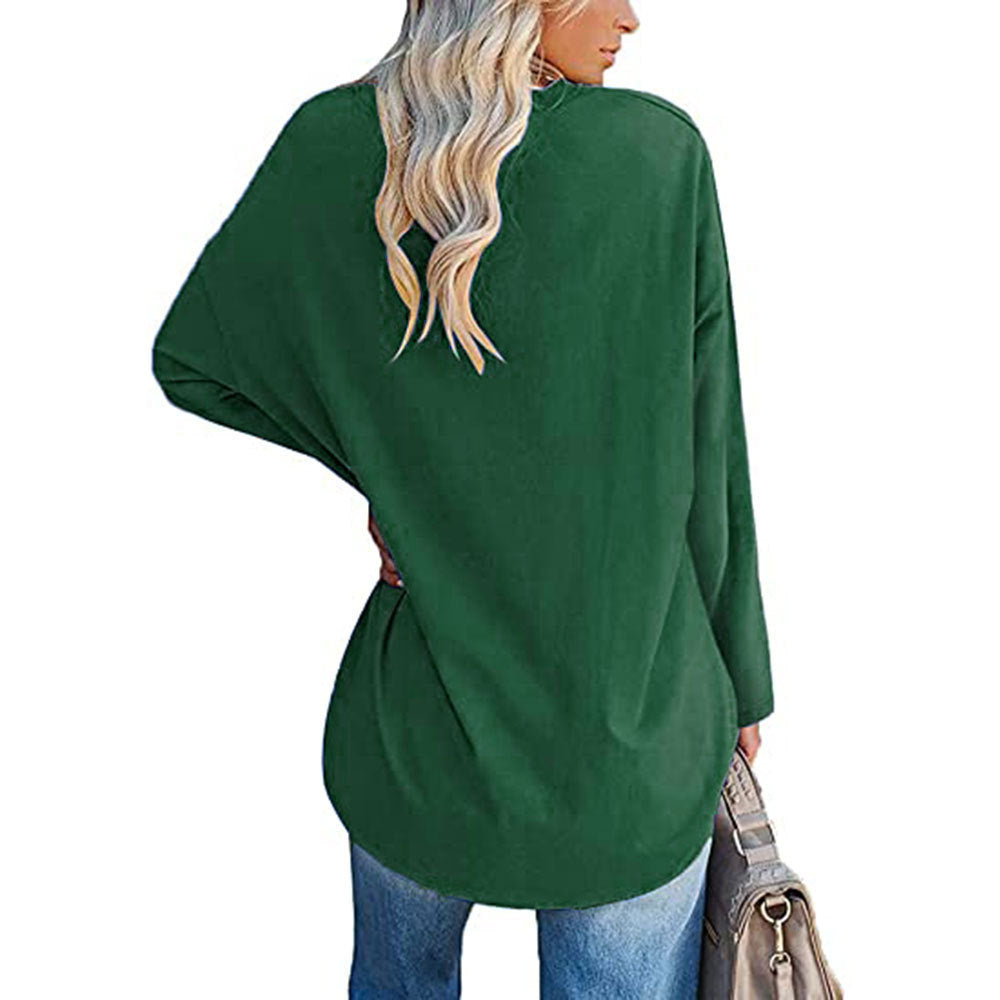 Solid Color Loose Drop Shoulder Sleeve V Neck Long Sleeve Blouse