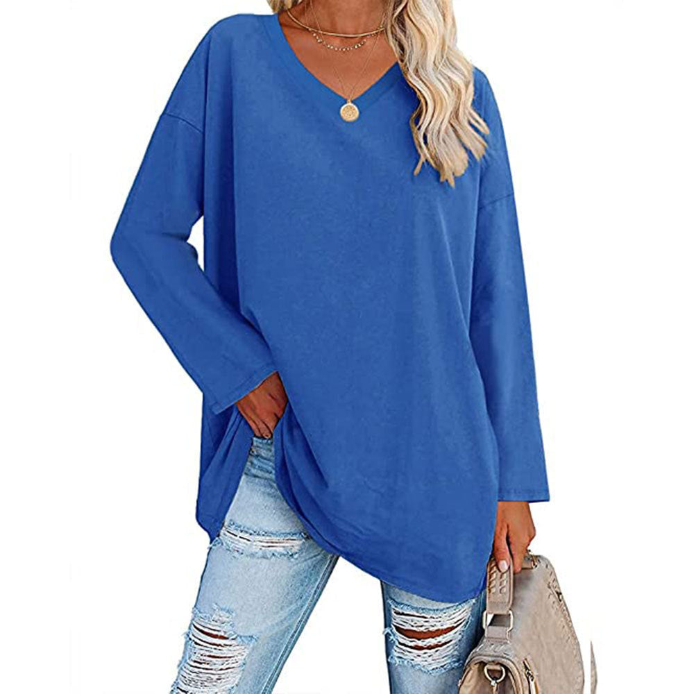 Solid Color Loose Drop Shoulder Sleeve V Neck Long Sleeve Blouse