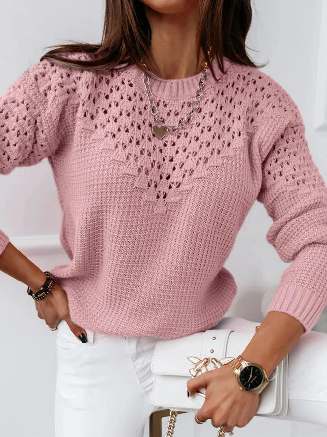 Pure Color Jacquard Hollow Out Stitching Round Neck Elegant Sweater