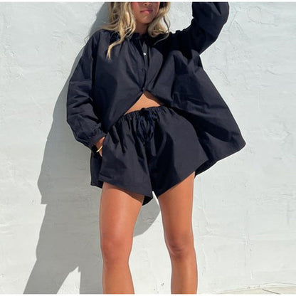 Long Sleeve Shirt Casual Shorts Two-piece Jacket