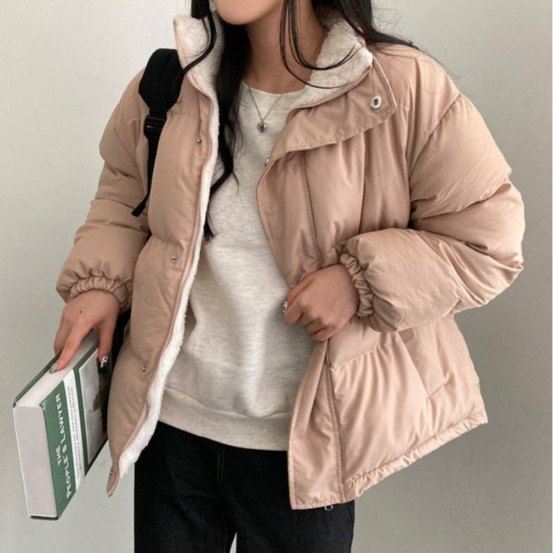 Manteau en coton matelassé chaud à manches longues pour femme, veste polyvalente à col montant et à double face