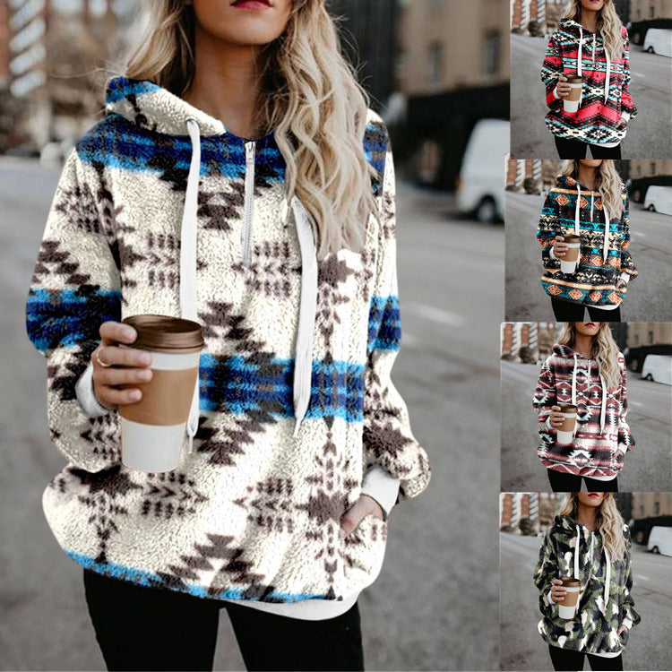 Loose Print Hooded Loose Top Fashion Long Sleeve Sweater