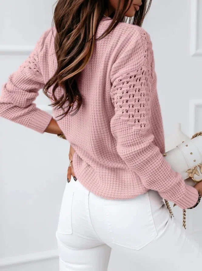 Pure Color Jacquard Hollow Out Stitching Round Neck Elegant Sweater