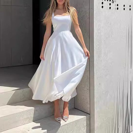 Robe longue décolletée sans manches à col carré pour femme