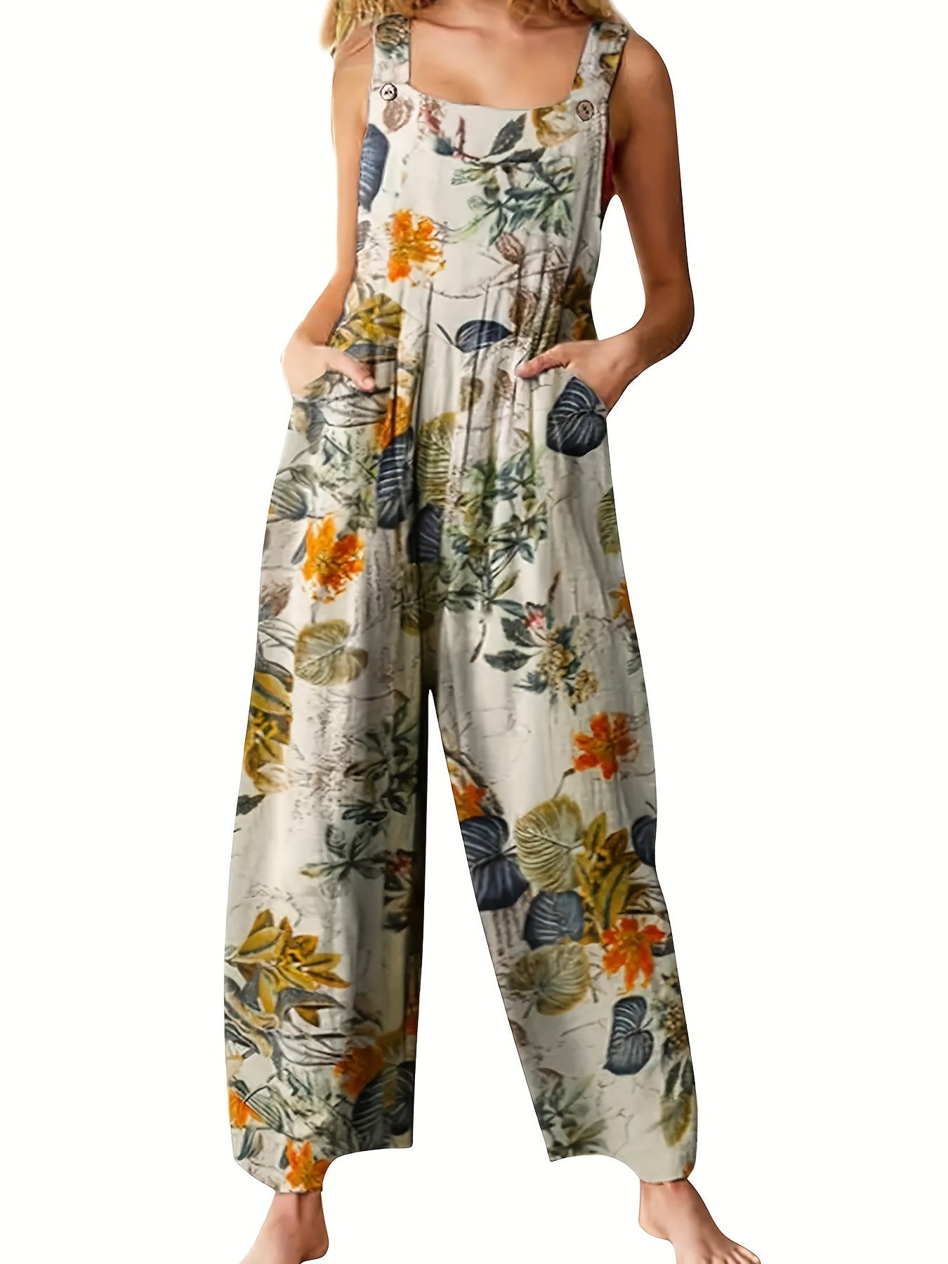 Women's Ethnic Style Suspender Button Printing Jumpsuit