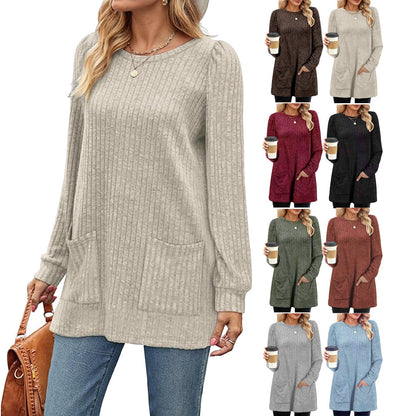 Autumn And Winter New Mid-length Round Neck Solid Color Long Shirt For Women