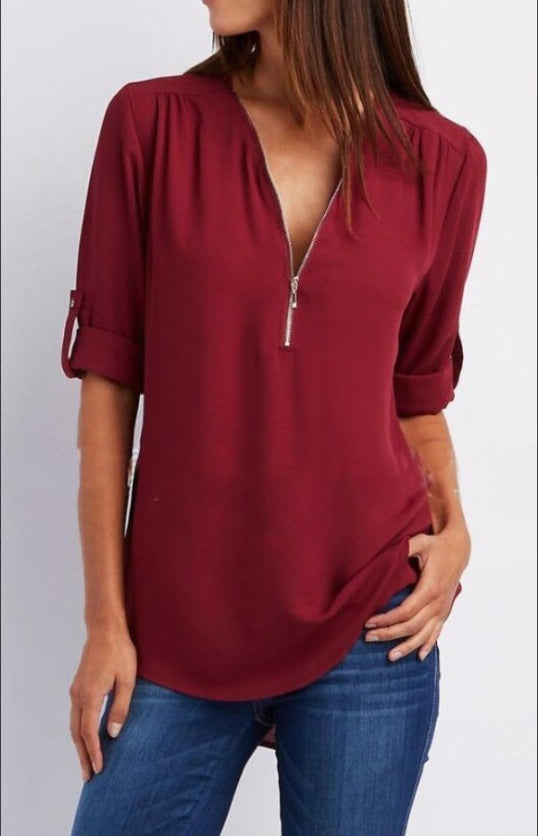 Ruched Half Zip Solid V Neck Casual Blouse, Rollable Sleeve Women's Clothing