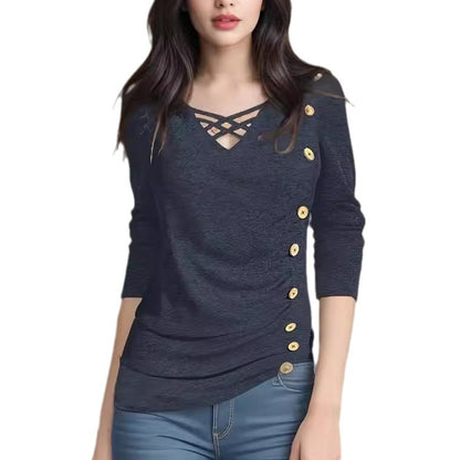 Chemise longue élégante en tricot de couleur unie à col en V et manches longues avec faux boutons