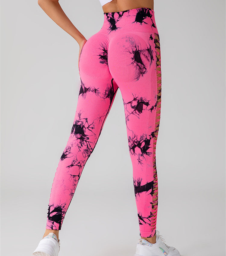 Pantalon de yoga imprimé tie-dye creux taille haute, rehausseur de fesses, sans couture, leggings de sport, de fitness, pantalons slim pour femmes, pantalons serrés