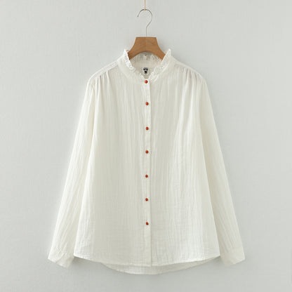 Chemise blanche à manches longues en fil de coton double couche avec dentelle et boucle colorée