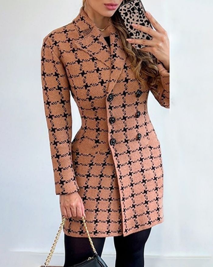 Women's Long-sleeved Double-breasted Suit Collar Printed Coat