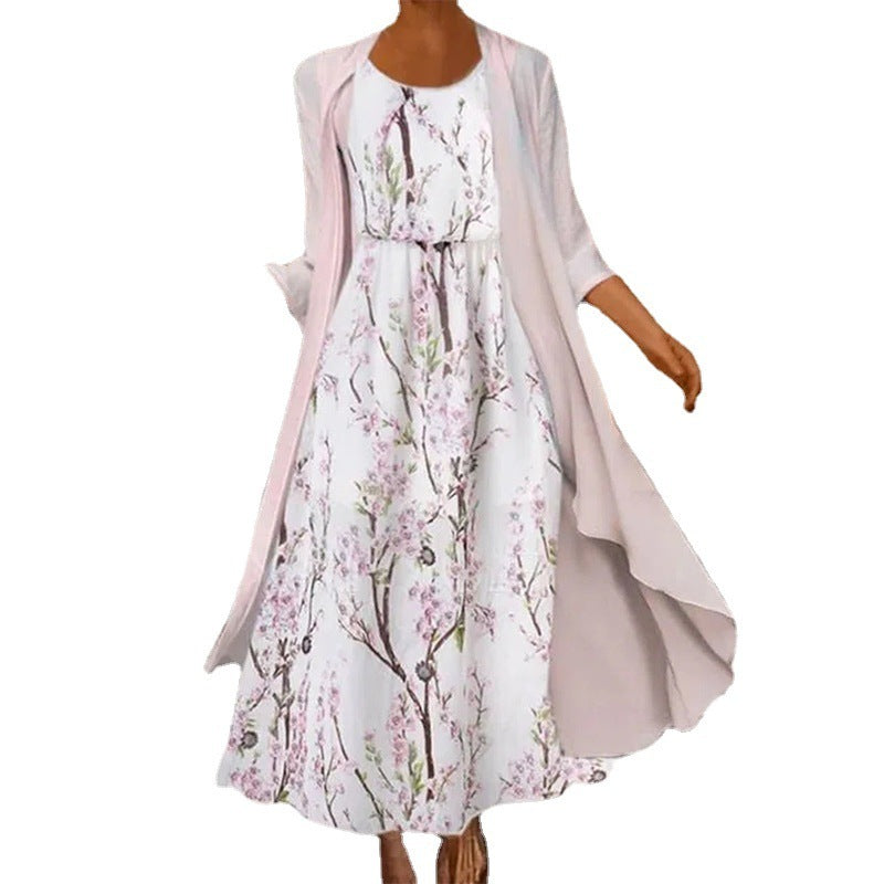 Autumn And Winter White Elegant Long Printed Chiffon Cardigan Mid Waist Dress