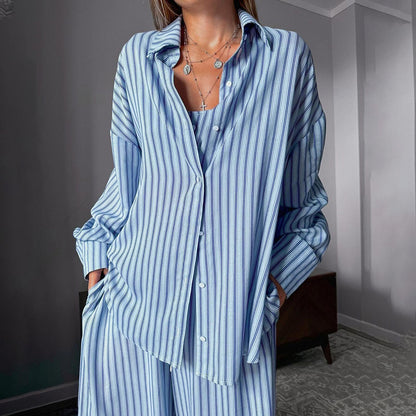 Women's 3 Piece Suit  Y2K Aesthetic Striped Tank Top Long Sleeve Shirt And Elastic Waist Stretch Trousers For Casual Wear