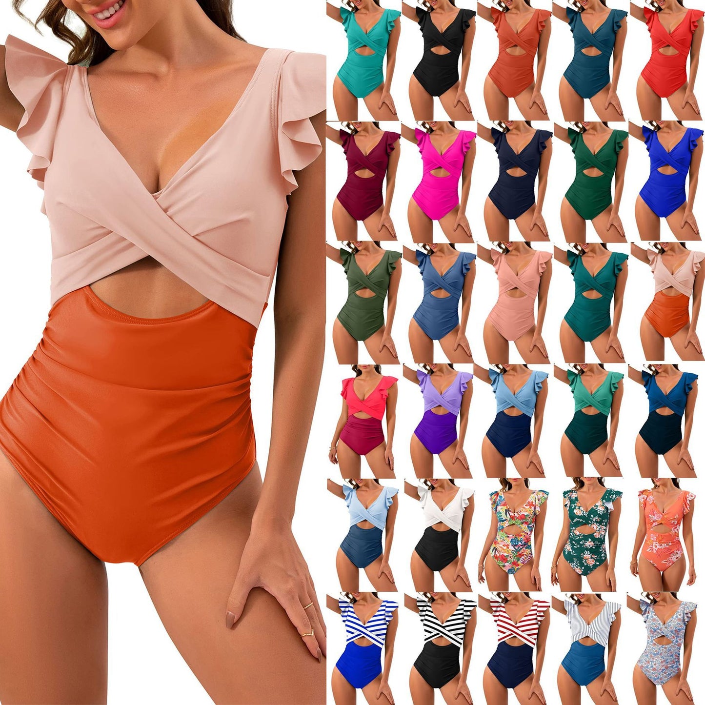 New Covering Belly Thin One-piece Cross Cut-out Ruffled Foreign Trade Swimsuit