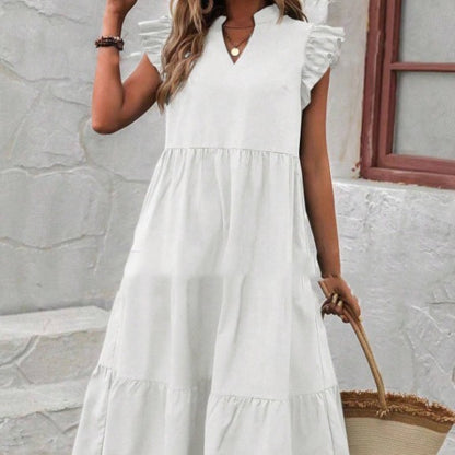 V-neck Ruffle Short Sleeve Solid Color Casual Dress