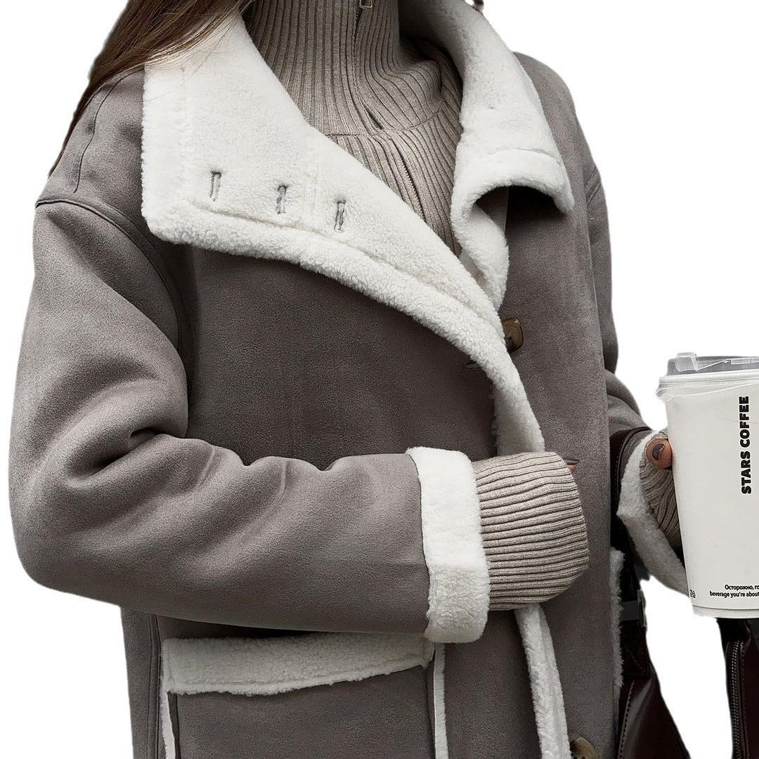 Manteau gris et blanc assorti à poches plaquées pour l'automne et l'hiver