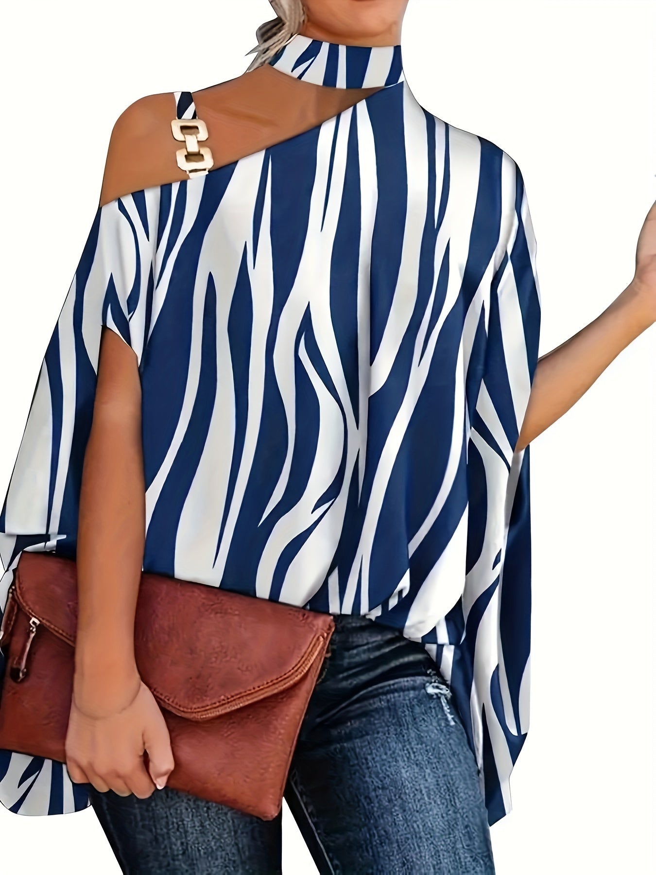 Leaves Print One Shoulder Blouse, Elegant Chain Strap Mock Neck Short Sleeve Blouse For Spring & Summer, Women's Clothing