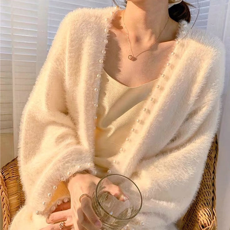 Warm Heavy Industry Nail Pearl Mink Cardigan Mid-length Jacket