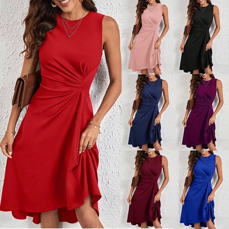 Women's Summer New Fashion Sleeveless Solid Color A- Line Crumpled Middle Dress