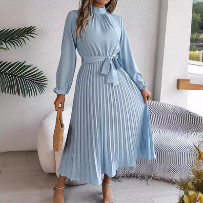 Elegant Stand Collar Long Sleeve Cinched Pleated Dress