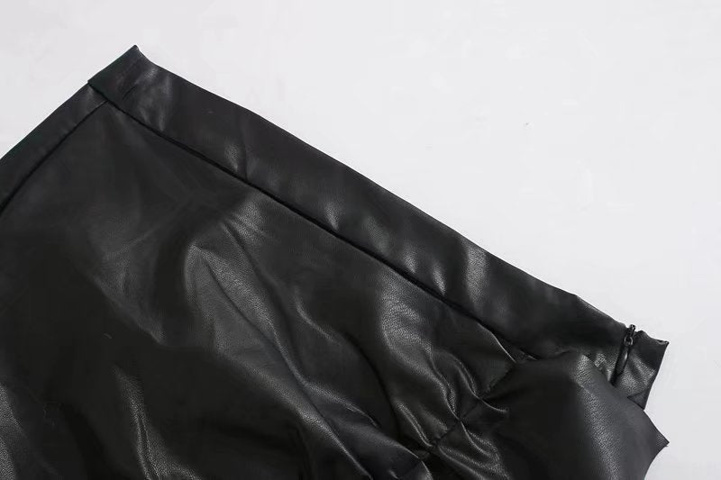 Women's Ruffle Trim Artificial Hip Leather Skirt