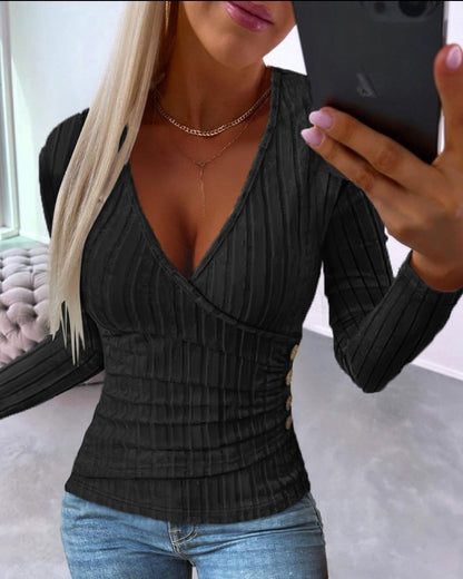 New Sunken Stripe Button Knitted Pullover V-neck Slim-fit Long-sleeved T-shirt For Women