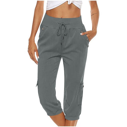 Pantalon court en coton et lin pour femme avec poches cargo, pantalon décontracté