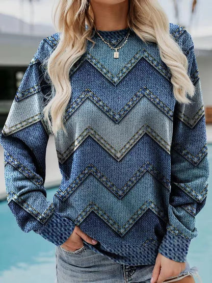 Color Block Denim Printing Casual Long-sleeved Geometric Sweater For Women