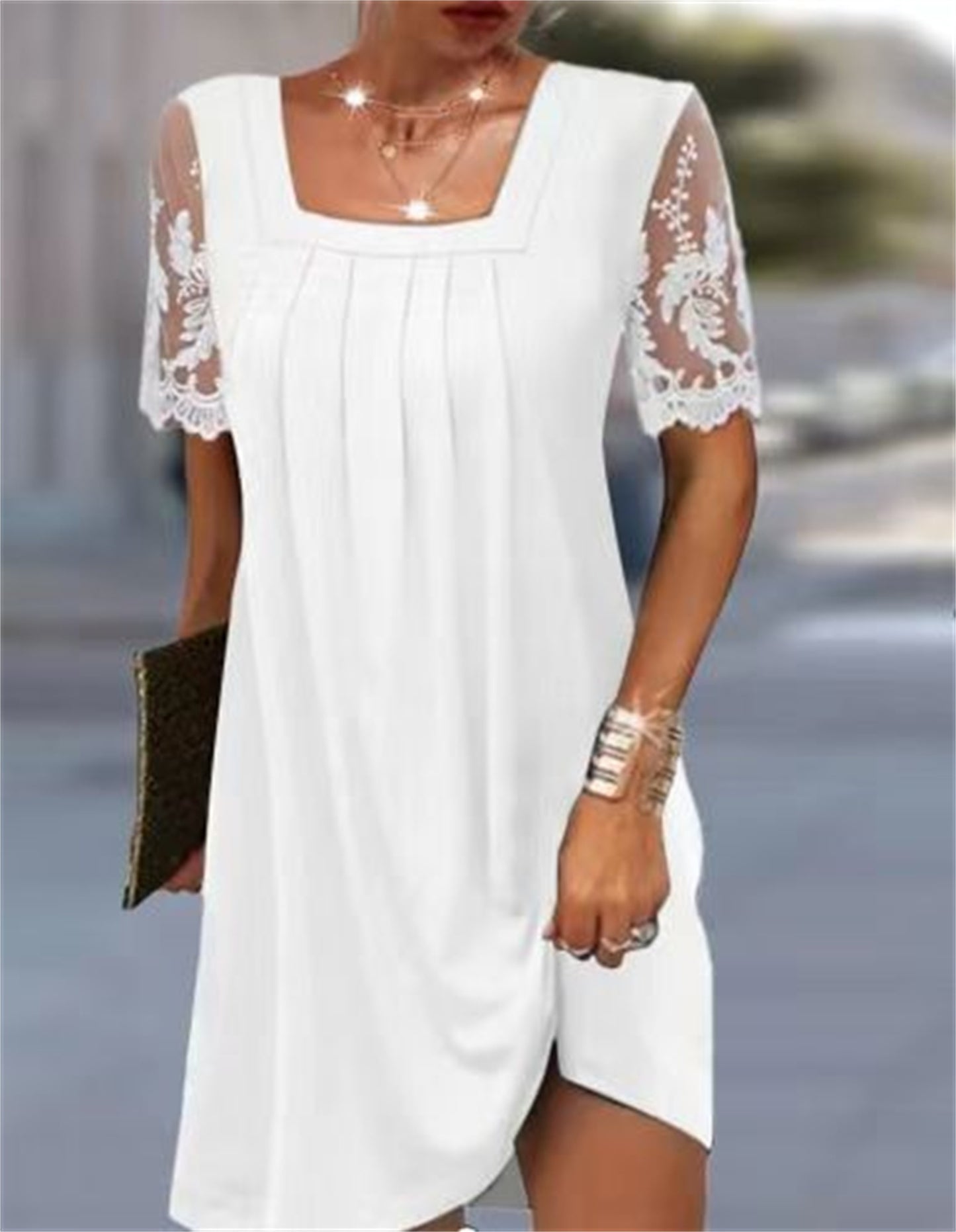 Women's Fashion Square Collar Lace Short Sleeve White Dress