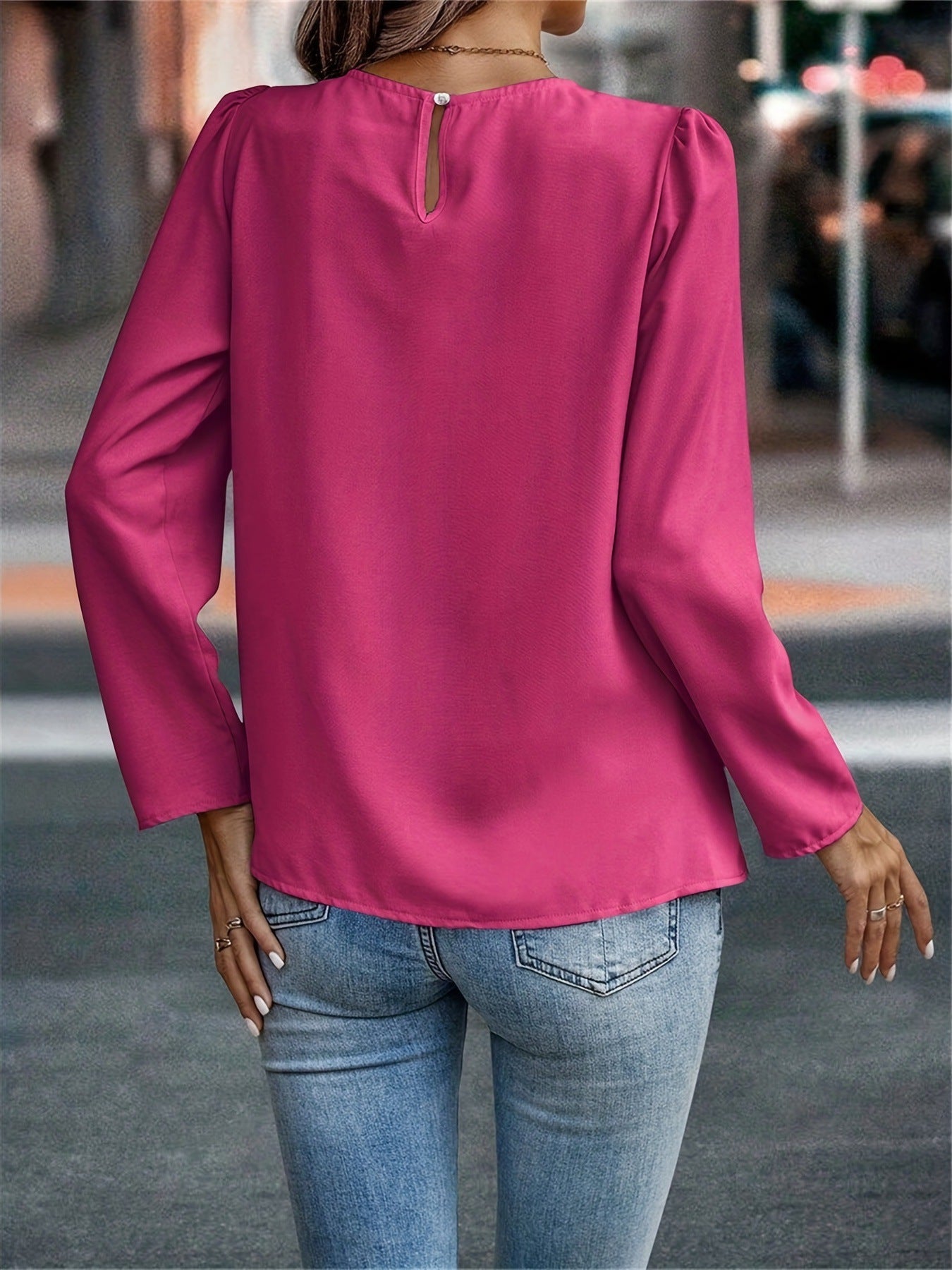 Round Neck Pleated Casual Outing Commuter Long Sleeve Round Neck Shirt