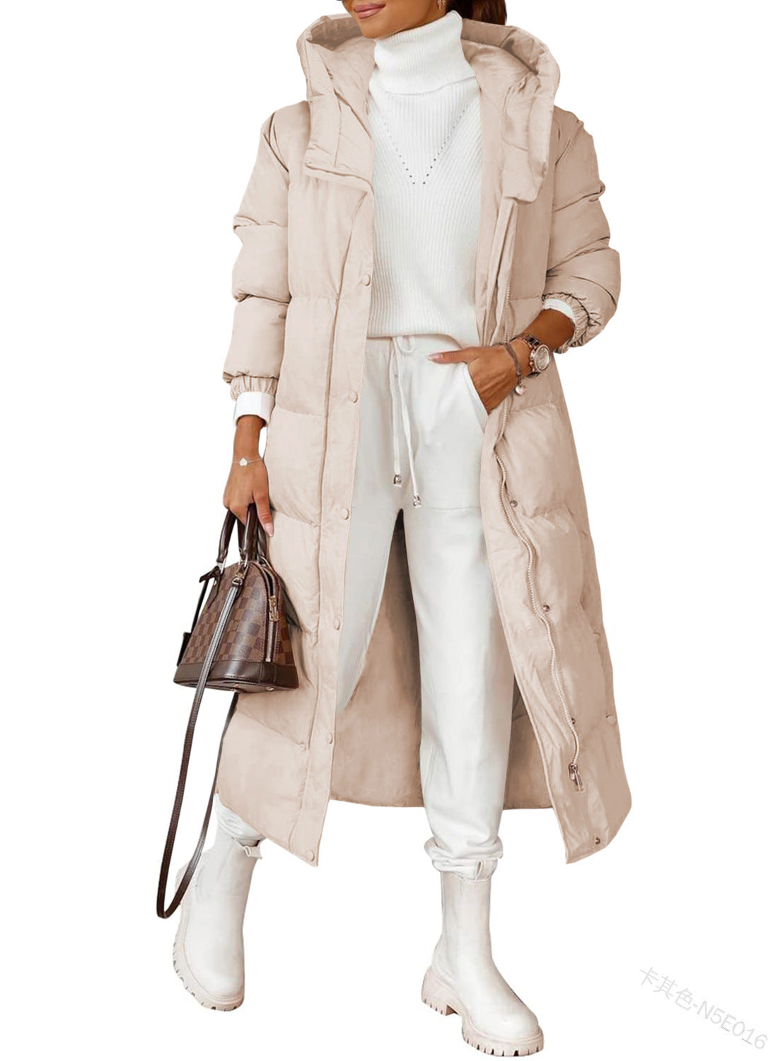 Manteau long élégant en coton rembourré à capuche de couleur unie pour femme, manteau à manches longues avec poche zippée