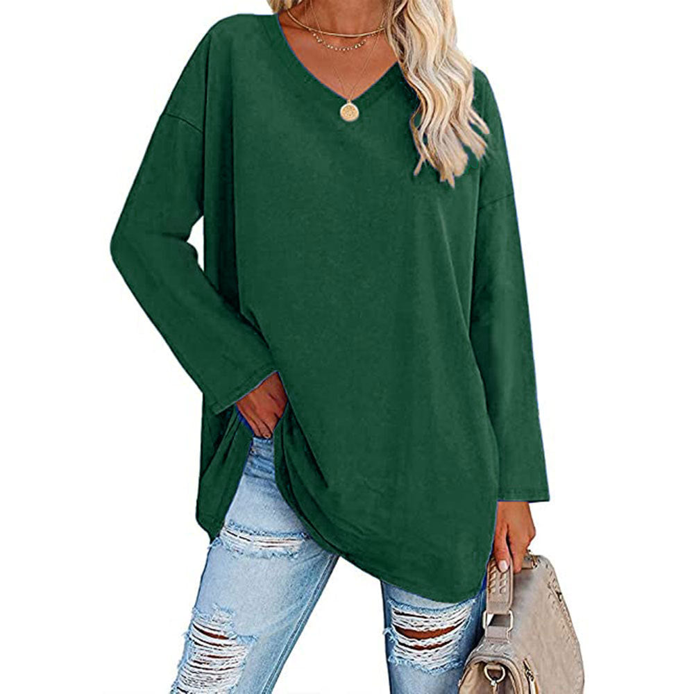 Solid Color Loose Drop Shoulder Sleeve V Neck Long Sleeve Blouse