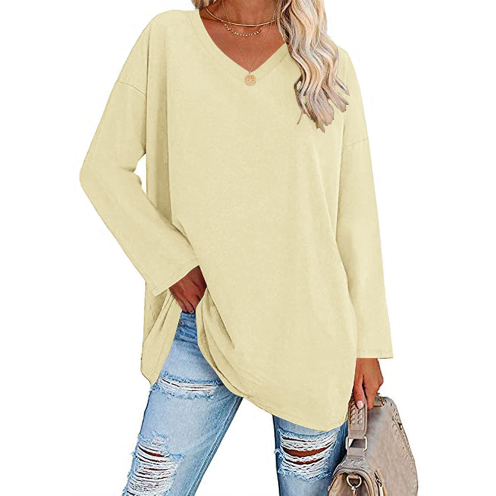 Solid Color Loose Drop Shoulder Sleeve V Neck Long Sleeve Blouse